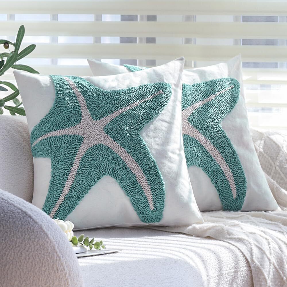 8891 Tufted Seastar Throw Pillow Covers Set of 2, 18x18 Inch Coastal